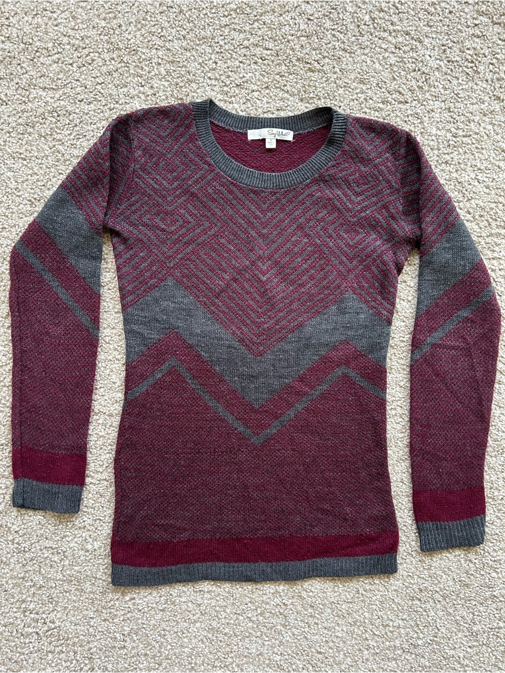 Say What? | Maroon Gray Print Crewneck Sweater